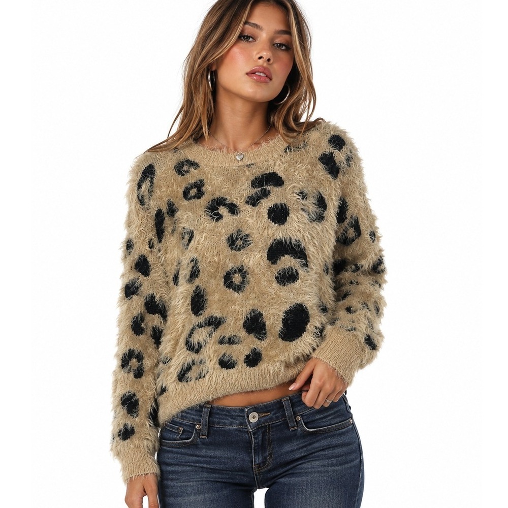 Woven Heart Leopard Print Eyelash Fuzzy Sweater Tan Black | Size XS